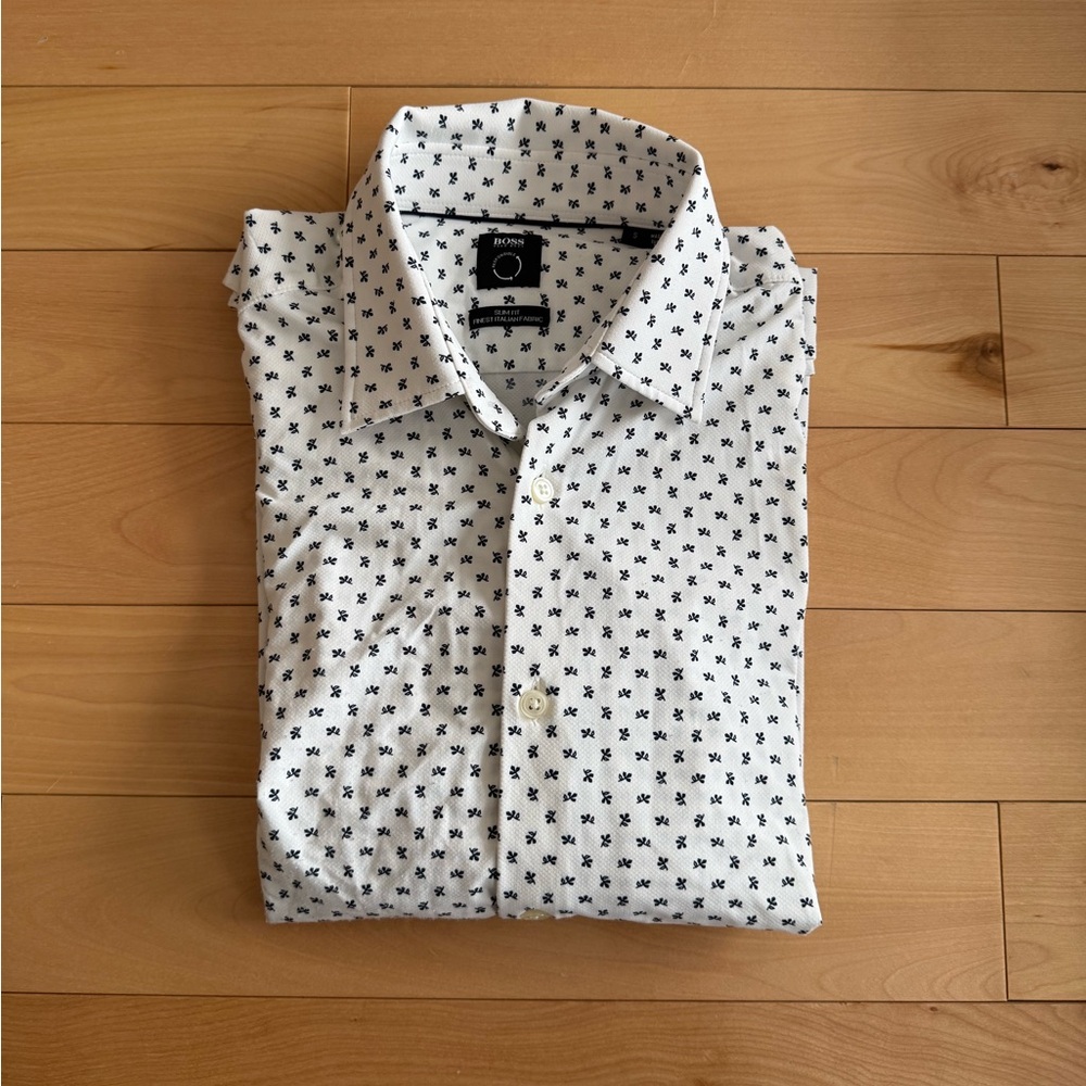 HUGO BOSS WHITE AND BLACK POLKA DOT MEN'S SHIRT SMALL SLIM FIT